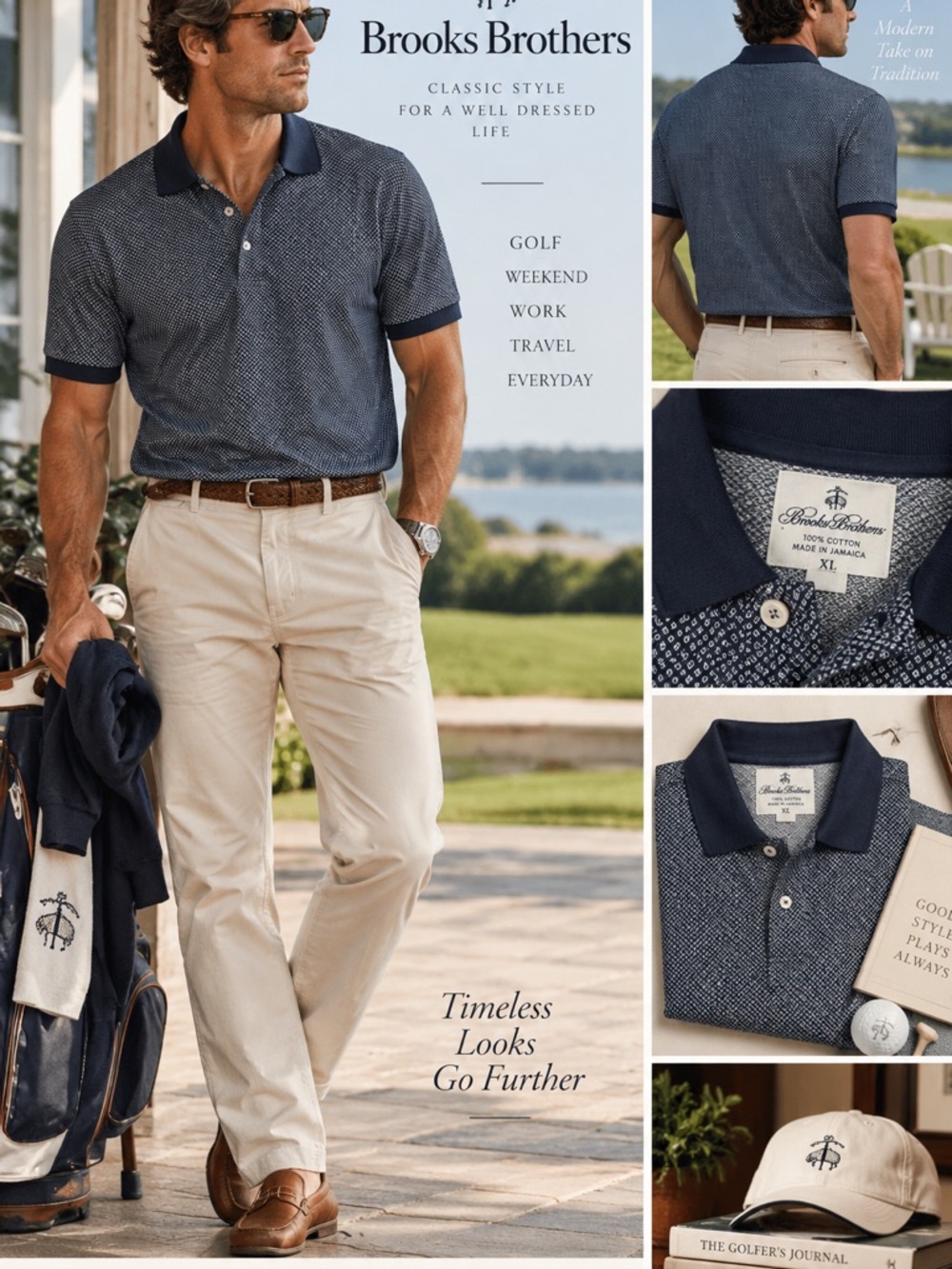Brooks Brothers XL Navy Blue Geometric Polo Shirt 100% Cotton Preppy Golf